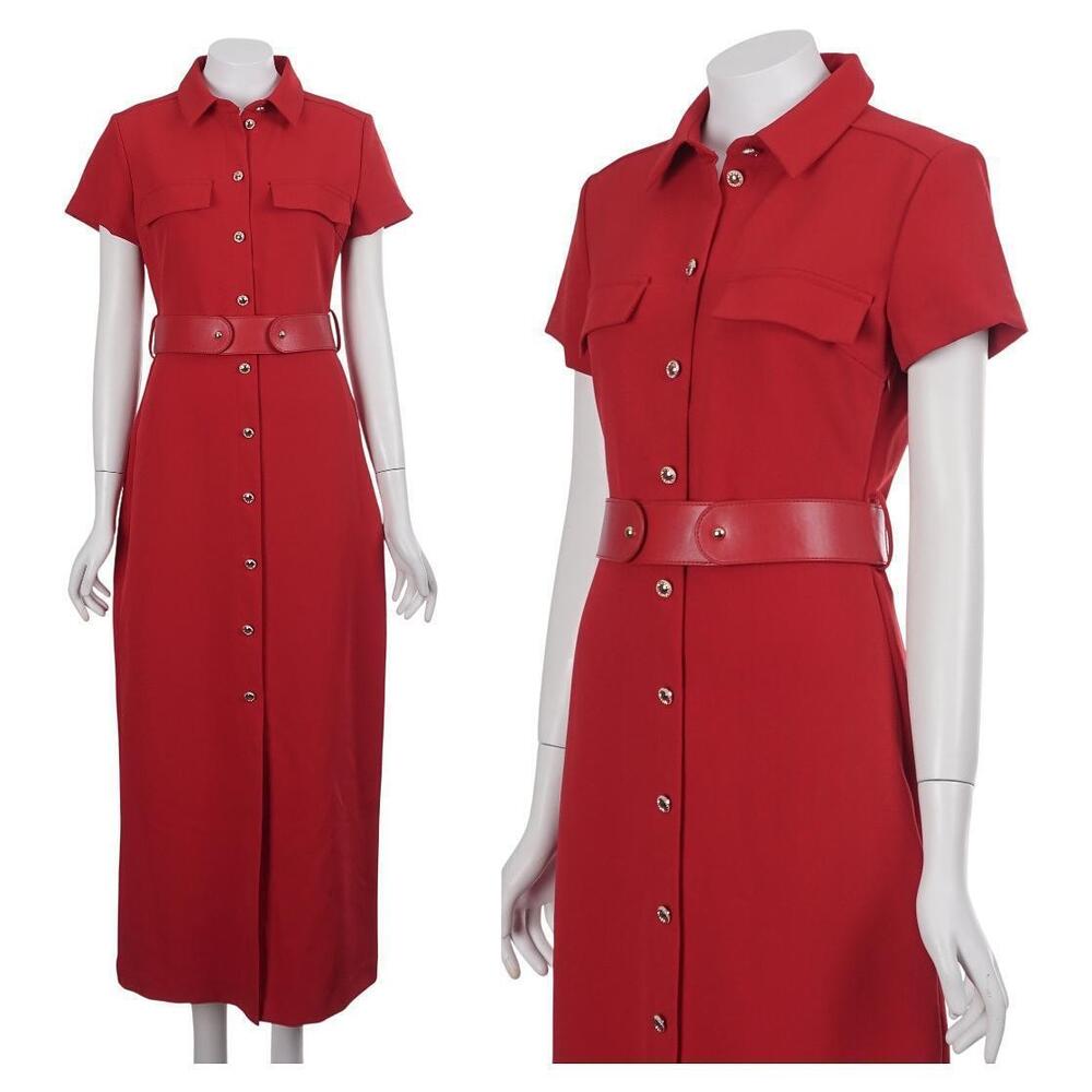 NWT ZARA Shirt Dress S Red Short Sleeve Belted Midi Classic Brunch Casual